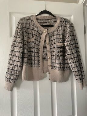 Beige and Black Tweed-Style Button Cardigan